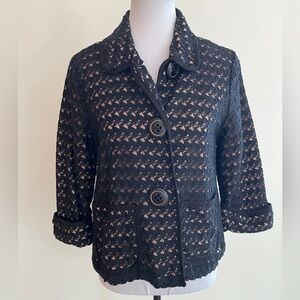 CYNTHIA MAX Black Lace Jacket Blazer Nude Lining 3/4 Sleeves Office Career Chic